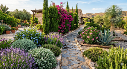 Jardín de xerojardinería en Murcia con lavanda, buganvilla, agave y camino de piedra